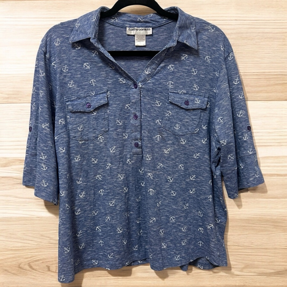 Cathy Daniels Blue Anchor Print Half Button Shirt Womens XL Nautical Coastal Top